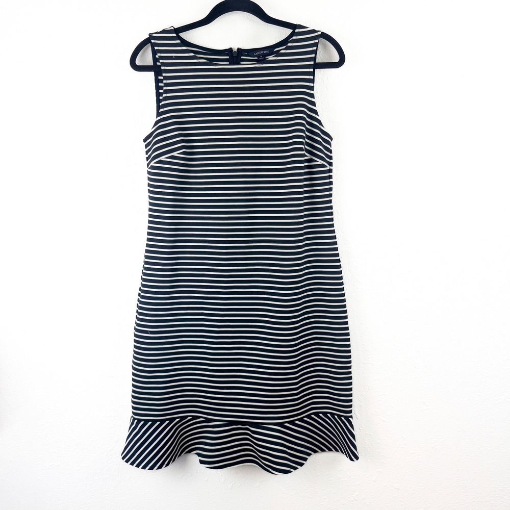 Lands End Womens Navy Blue White Striped Ruffle Hem Sleeveless Dress Size 8